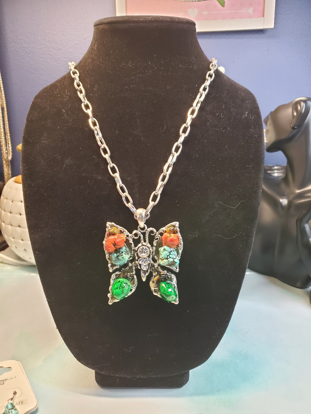 Silver Butterfly Pendant Necklace with Green and Turquoise Accents